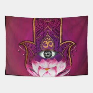 Hand of Fatima - Hamsa hand with om all seeing eye Tapestry