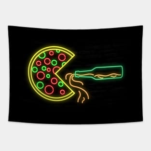 Packman Pizza Drinking Beer Neon Tapestry