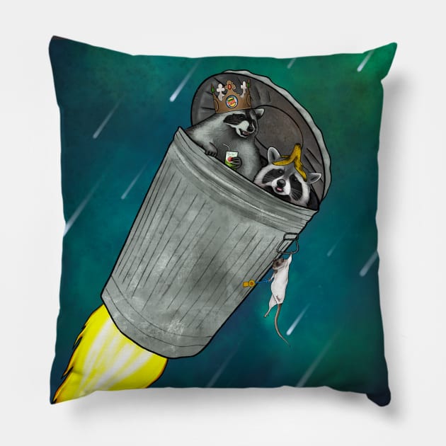 Raccoons And Rat In Trash Bin Launching Into Space Pillow by Ashley D Wilson