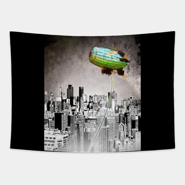 A Message green daisy blimp hovers over a cold gray city Tapestry by sandpaperdaisy