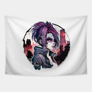 Cyber Punk Girl on Night City Background Tapestry