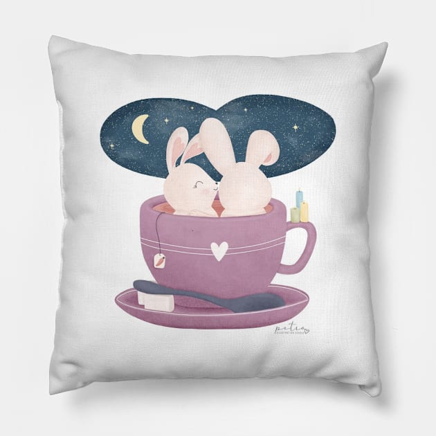 two bunnies in a cup Pillow by petraillustrationstudio