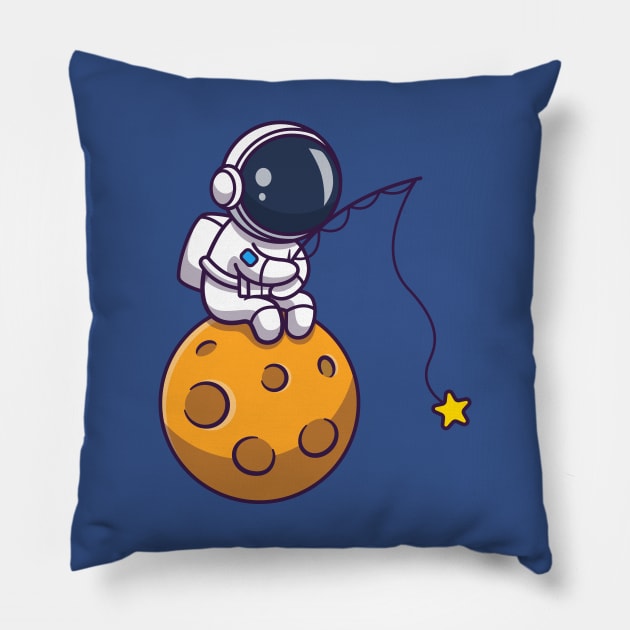 Cute Astronaut Fishing Star On Moon Cartoon Pillow by Catalyst Labs