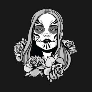 Sugar Skull Woman with Roses Black and White T-Shirt