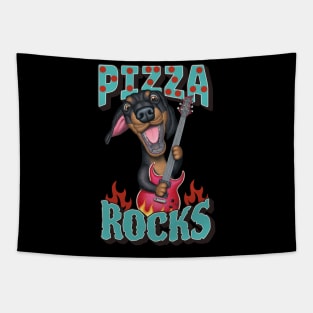 Fun Doxie Dog rocks on with guitar on Pizza Rocks tee Tapestry