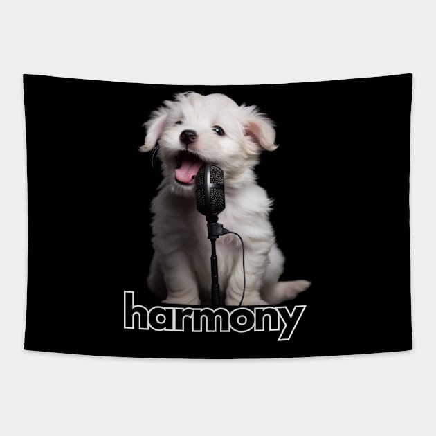 Cute White Puppy Singing Tapestry by NatashaCuteShop