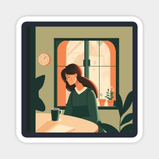 Illustration of handsome woman sitting with cup of coffee near window with view of city Magnet