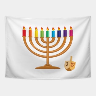 Hanukkah with menorah and wooden dreidel Tapestry