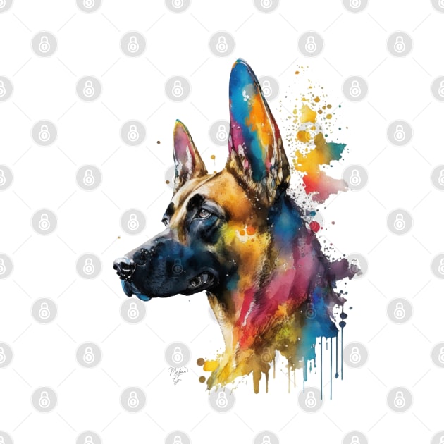 Belgian Malinois Dog In Watercolor & Pen by Oldetimemercan