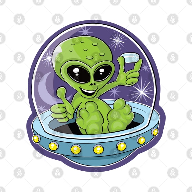 Illustration of a cute alien holding candy in a flying saucer by RobiMerch