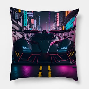 Dark Neon Sports Car in Japanese Neon City Pillow