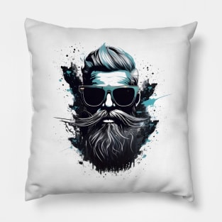 The head of a man wearing glasses, a thick beard and a mustache like a cowboy, is used for the barbershop logo Pillow