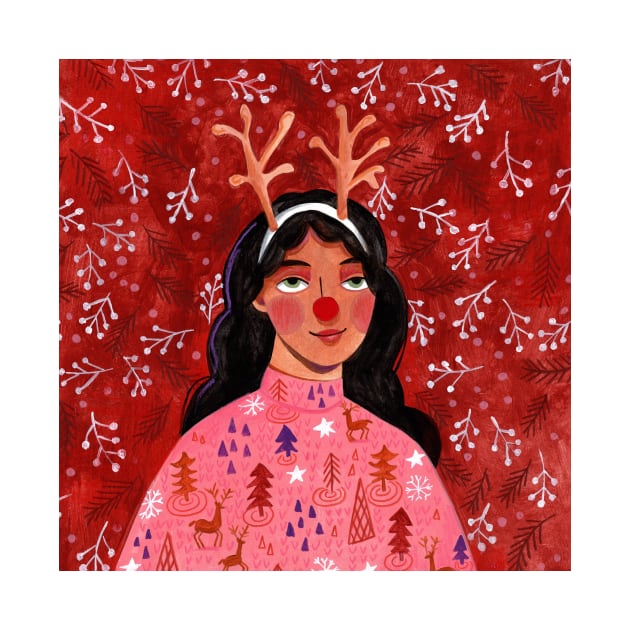 Festive holiday reindeer woman portrait by CarolineBMuller