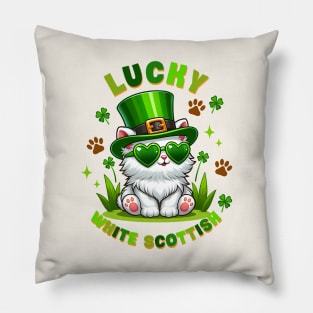 Lucky White Scottish Funny Cat St. Patricks Day Pillow