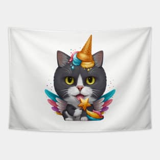 Black & White Cat Ice Cream Unicorn Tapestry