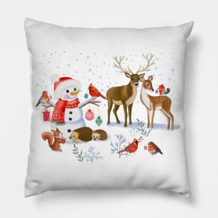 Winter forest animals with snowman Pillow