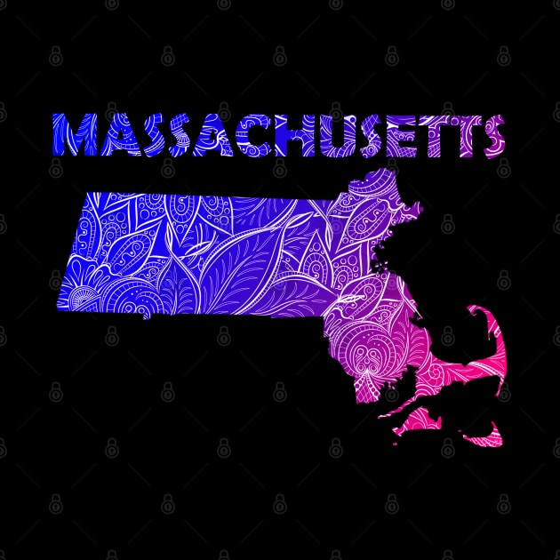 Colorful mandala art map of Massachusetts with text in blue and violet by Happy Citizen