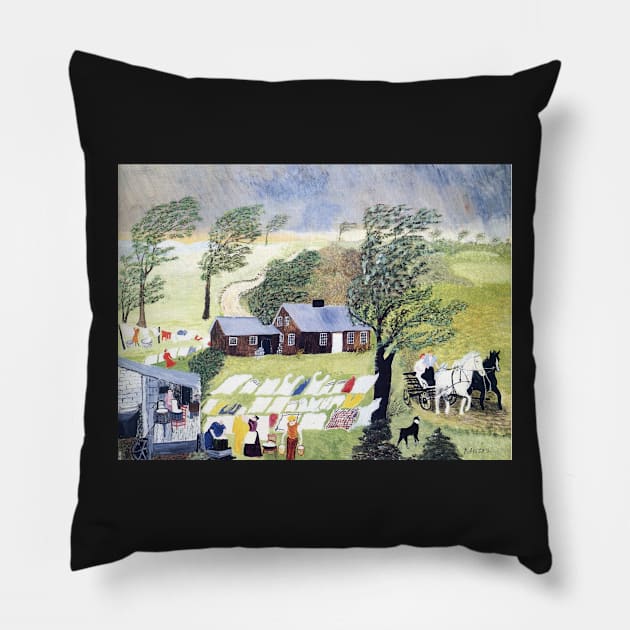 Grandma Moses - Taking in the Laundry Pillow by QualityArtFirst