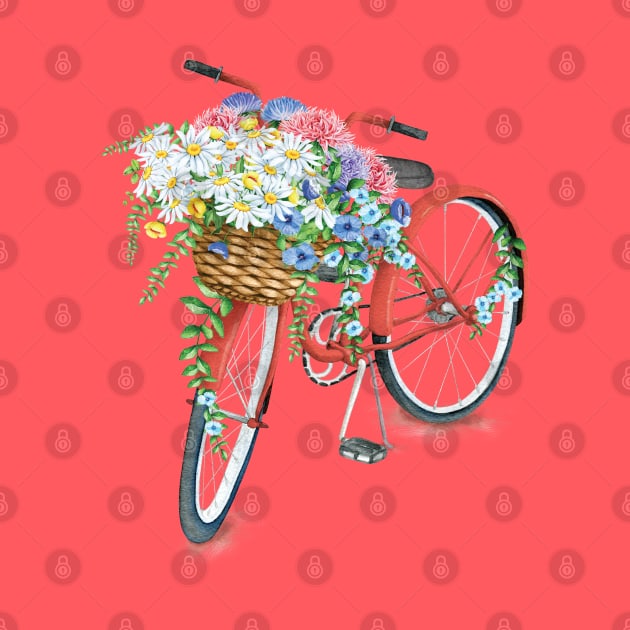 Vintage Red Bicycle With Flowers by susannefloe