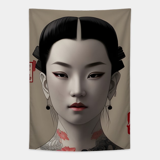 Beaux Animes Art, Ukiyo-e Irezumi Japanese Anime Girl Illustration Design Tapestry by Beauxanimes