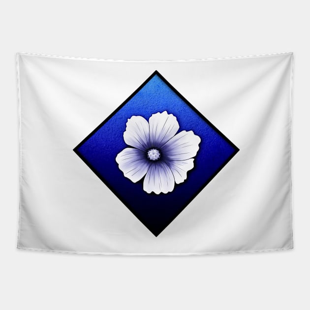 Wax pattern of cosmos flower on blue background Tapestry by AudreyJanvier
