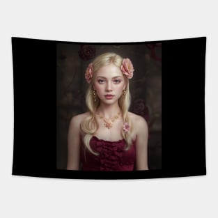 Cute Blonde Girl Posing Fashion Shootout with flowers and floral Tapestry