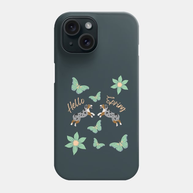 Hello Spring with Blue Merle Australian Shepherd Dog, Flowers and Butterflies Phone Case by Seasonal Dogs