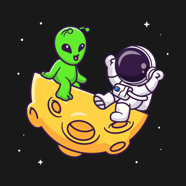 Cute Astronaut Playing With Alien On Moon Cartoon by Catalyst Labs