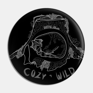 "Cozy and Wild" Raccoon Sleeping in Stump with Mushrooms Pin