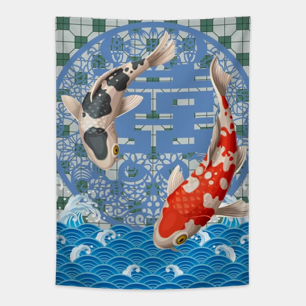 Double Happiness Koi Fish Dancing in the Ocean with Green Tile Floor Pattern Tapestry by CRAFTY BITCH