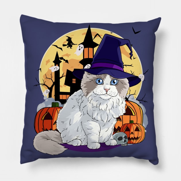 Ragdoll Cat Funny Halloween Witch Pumpkin Pillow by Noseking