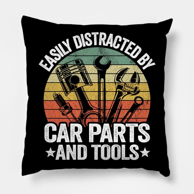 Easily Distracted By Car Parts And Tools Funny Mechanic Pillow by Kuehni