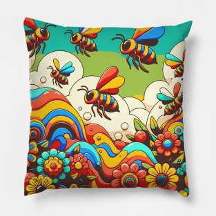 Abstract Colorful Bees and Flowers Pillow