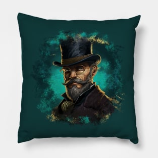 Vintage Design Illustration - Distinguished Gentleman in Glasses, Mustache, and Beard, Wearing a Suit with a Top Hat, Against a Turquoise Background. Pillow