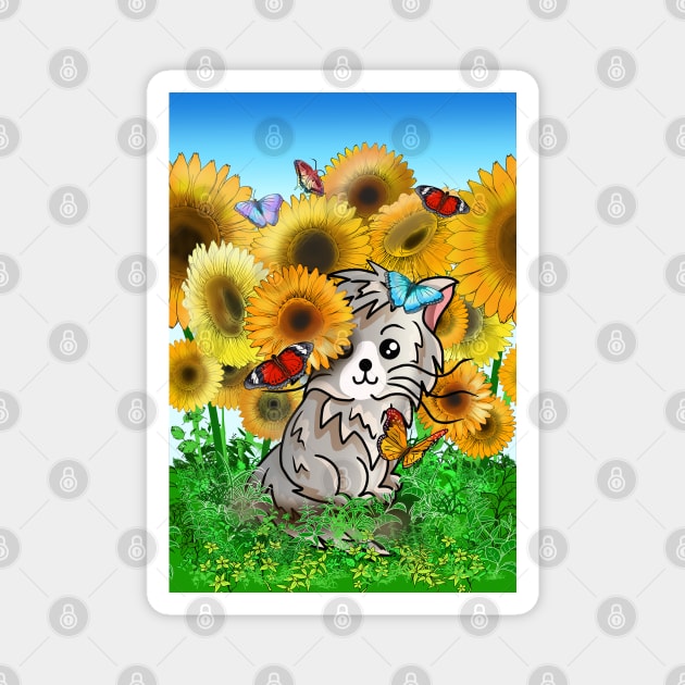 Cute cartoon cat and butterflies in a sunflower field Magnet by cuisinecat