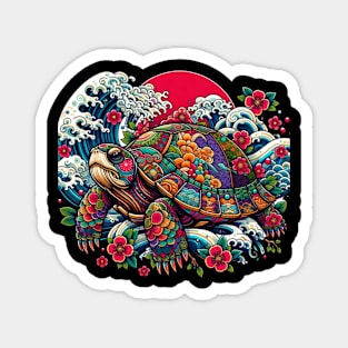 Flower Waves Floral Art Traditional Japanese Turtle Magnet