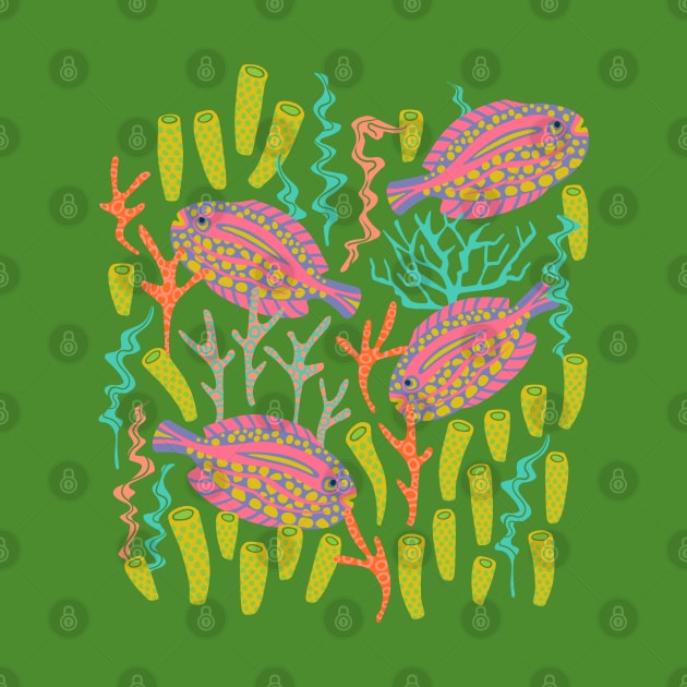 TROPICAL ZONE Coral Reef Fish Undersea Ocean Sea Creatures in Pink Purple Yellow Orange on Green - UnBlink Studio by Jackie Tahara by UnBlink Studio by Jackie Tahara