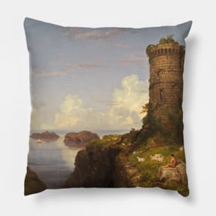 Italian Coast Scene with Ruined Tower by Thomas Cole Pillow