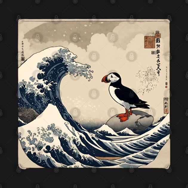 Vintage Funny Puffin Bird Surfing in The Great Wave by wigobun