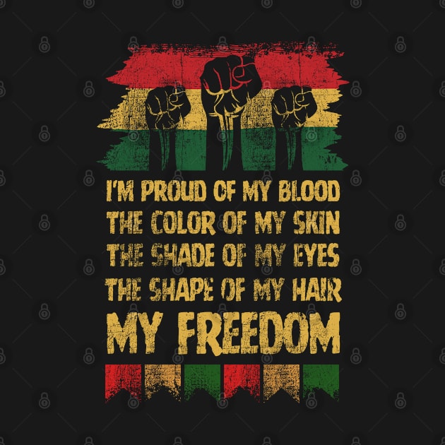 I'M PROUD OF MY BLOOD THE COLOR OF MY SKIN THE SHADE OF MY EYES AND THE SHAPE OF MY HAIR MY FREEDOM - Support the Rights of African Americans - Vintage  Retro -Protest Racism by DoodlerMob