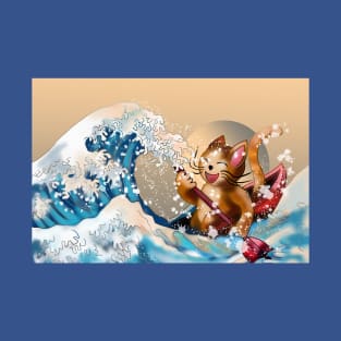 Cat in a kayak in the wave off Kanagawa T-Shirt