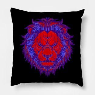 Red and blue lion face with mane Pillow