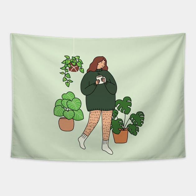 Coffee and plants, no pants Tapestry by Ashleigh Green Studios