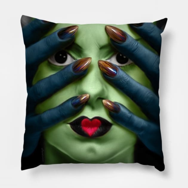 Peek a Boo Who Bride of Frankenstein Blue Claws Pillow by OrionLodubyal