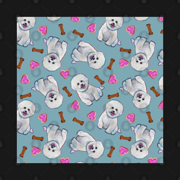 Cute Bichon Frise Pattern on Blue by RobertPhelpsArt