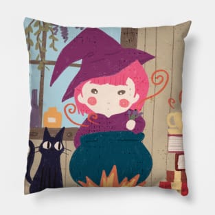 Cute Pink Witch Girl Illustration Pillow