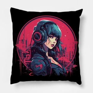 Cyberpunk Woman with Headphones listening to music Pillow