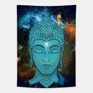 Buddha in the Galaxy Blue Face (background) Tapestry