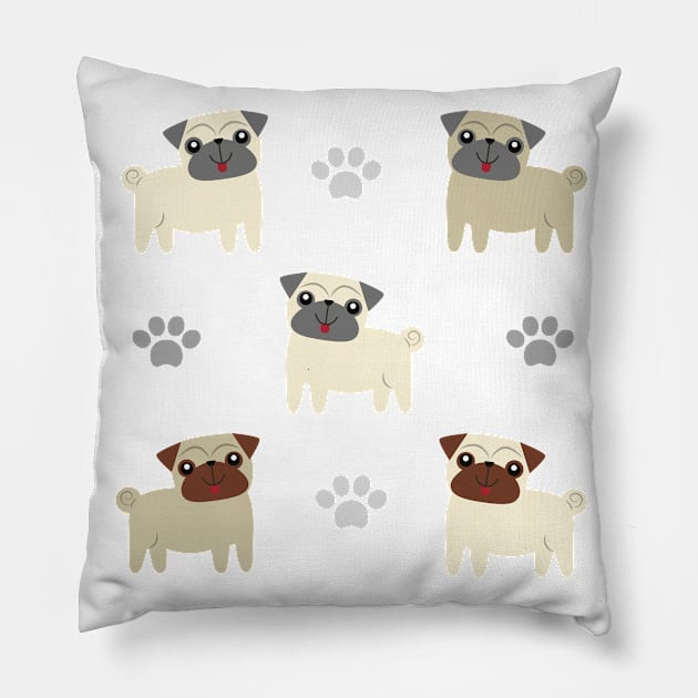 Pug Dogs and Paw Prints Pattern Pillow by Orchyd