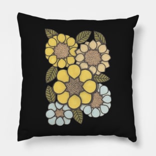 Flower power, blues, yellows and green, retro flowers Pillow